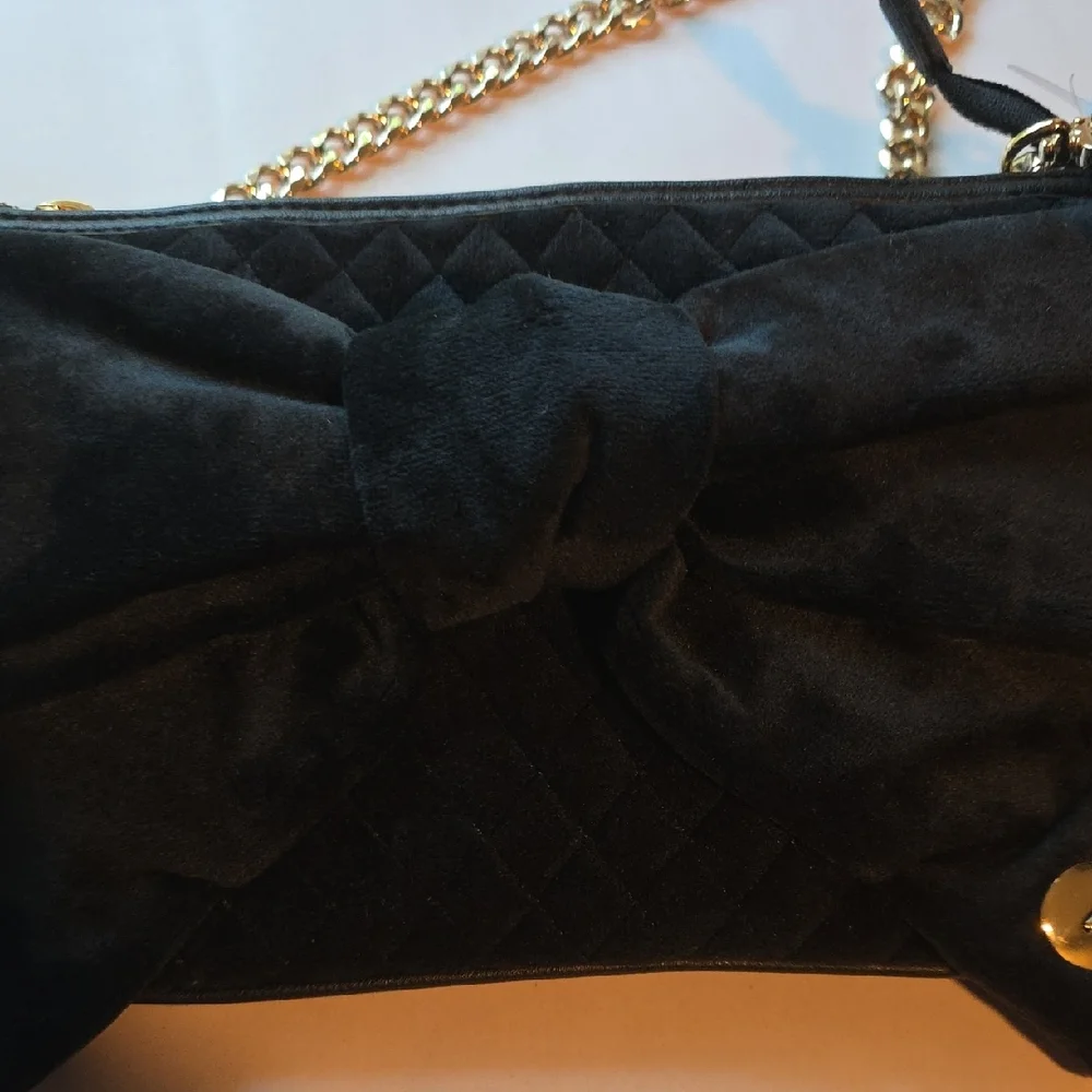 Juicy Couture Black Velour Quilted Bow Bag with Gold Chain and Extra Pouch NWT